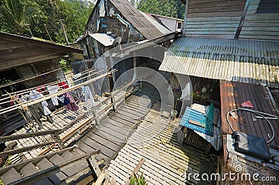View to the street of the Kupo Saba longhouse at Annah Rais Bidayuh village in Kuching, Malaysia. Editorial Stock Photo