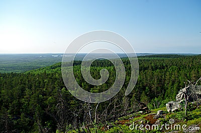 View to taiga forest and lakes from Mountain Vottovaara, Karelia, Russia Stock Photo