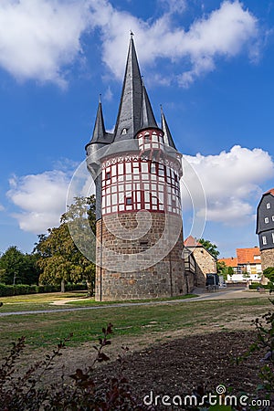 View to tower called Junker Hansen tower in the german city called Neustadt Hessen. Stock Photo