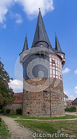 View to tower called Junker Hansen tower in the german city called Neustadt Hessen. Stock Photo