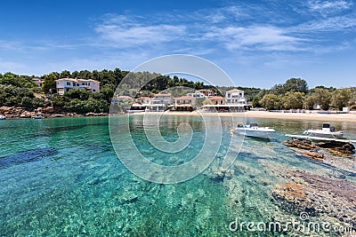 View to the traditional fishing village Katigiorgis on south Pelion mountain Stock Photo