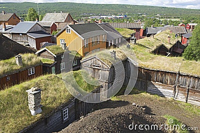 View to the traditional houses of the copper mines town of Roros, Norway. Stock Photo