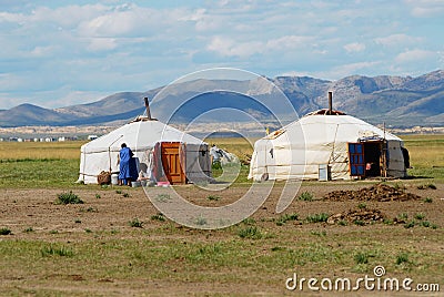 View to the traditional Mongolian yurts nomadic tents located in steppe circa Kharkhorin, Mongolia. Editorial Stock Photo