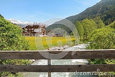 View to Tuxertal valley with Tux river and Zillertal alps near village Juns and Hintertux glacier in summer, Tirol Austria Europe Stock Photo