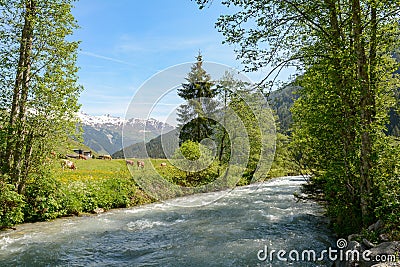 View to Tuxertal valley with Tux river and Zillertal alps near village Juns and Hintertux glacier in summer, Tirol Austria Europe Stock Photo
