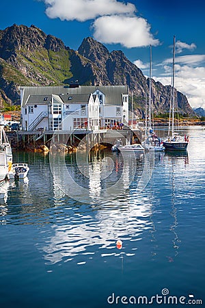 View to typical village with wooden houses in Henningsvaer, Lofoten Editorial Stock Photo