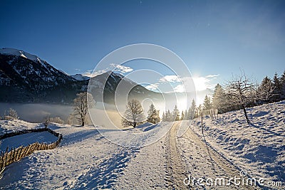 View to a winter landscape with mountain range of Gasteinertal valley near Bad Gastein, Pongau Alps Stock Photo