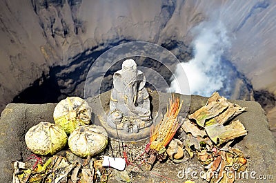 A view from top of the active Bromo crater with religion sign. Stock Photo