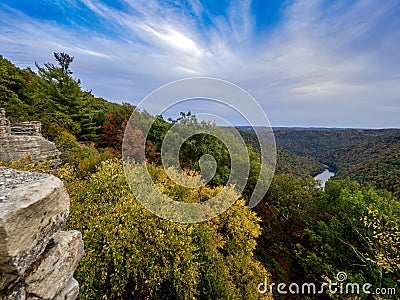 View from the top of Cooperâ€™s Rock in Coopers Rock State Forest in West Virginia right before sunset with the valley of fall Stock Photo