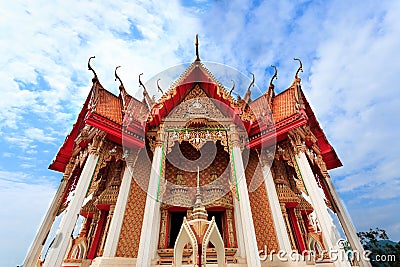 A view from the top of the pagoda, golden buddha statue with rice fields and mountain, Wat Tham Sua (Tiger Cave Temple), Tha Stock Photo