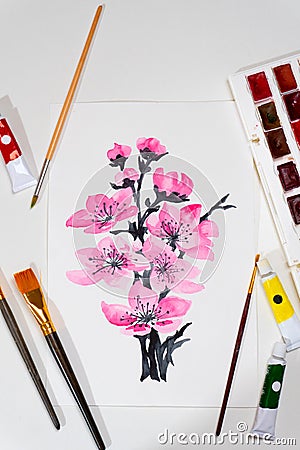 View from top on watercolor painting of flowers Stock Photo