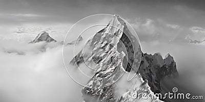 A view toward Mount Everest, in black and white Cartoon Illustration