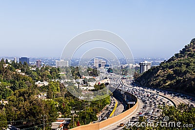 View toward West Los Angeles on a hazy day; heavy traffic on highway 405; California Stock Photo