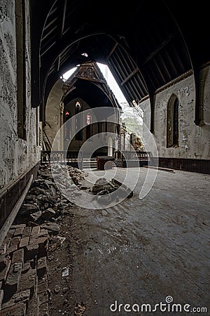 View Towards Altar - Collapsing, Abandoned Church Stock Photo