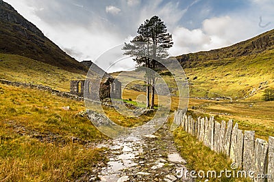 View towards derelict chapel hanging valley cwmorthin Stock Photo