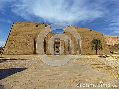 A view towards the entrance to the temple ruins at Deir el-Shelwit near to Luxor, Egypt Stock Photo