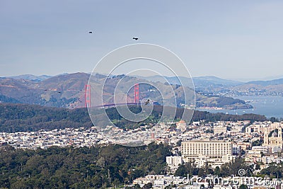 View towards Golden Gate Bridge and the surrounding park and residential area, San Francisco, California Stock Photo
