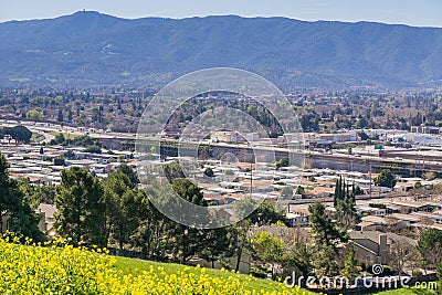 View towards Guadalupe Freeway and Almaden Valley from Communications Hill, San Jose, California Stock Photo