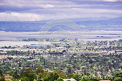 View towards Menlo Park and Dumbarton Bridge from Edgewood Park, San Francisco bay, California Stock Photo