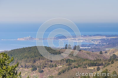 View towards the Pacific Ocean and Pillar Point Harbor from Purisima Creek Redwoods Park on a clear day; Farallon Islands visible Stock Photo