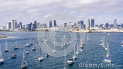 View towards San Diego`s downtown area, ships moored in San Diego Bay on the forefront, south California Stock Photo