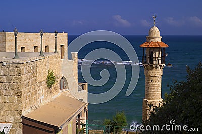 View of the tower of Al Bahr Mosque architecture Jaffa Israel Stock Photo