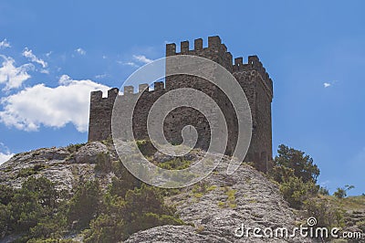View of the tower of the Consular Castle of the Sudak fortress Stock Photo