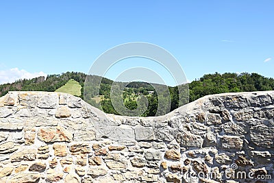 View from tower of ruins of castle Frydstejn Stock Photo