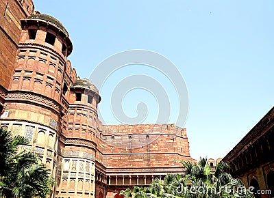 View on the towers of inner gate and part of walls of the ancient Red Fort of Agra, India Stock Photo