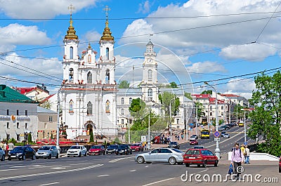 View of Town Hall and Holy Resurrection Church, Lenin Street, Vitebsk, Belarus Editorial Stock Photo