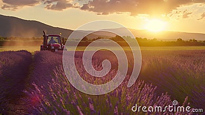 View of Tractor harvesting field of lavender Stock Photo