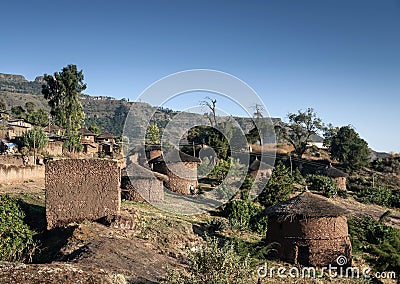 Traditional circular ethiopian tukul village houses in lalibela ethiopia Stock Photo