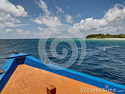 View from traditional Dhoni boat in the Maldives Stock Photo
