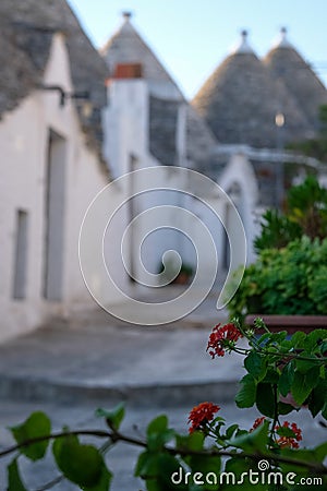 View of traditional white washed dry stone trulli houses on a street in the Rione Monti area of Alberobello in Puglia Italy Stock Photo