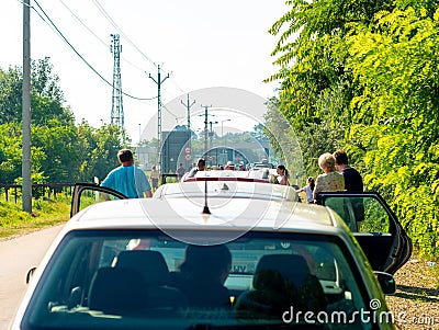 View on the traffic jam and people waiting at the Serbian Hungarian border Editorial Stock Photo