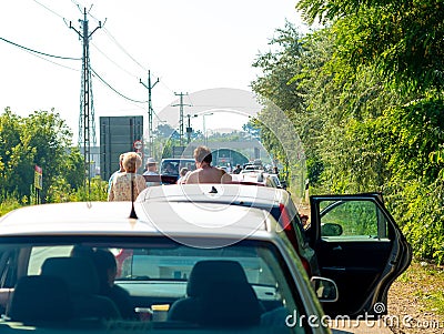 View on the traffic jam and people waiting at the Serbian Hungarian border Editorial Stock Photo