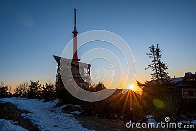 view of transmitter with cottages on lyse mountain at sunrise, czech beskydy lysa hora Editorial Stock Photo