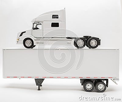 View of transport truck and trailer model on white, grey background Stock Photo