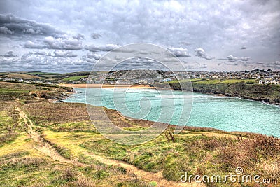 View from Trevelgue Head towards Porth beach Newquay Cornwall in HDR Stock Photo