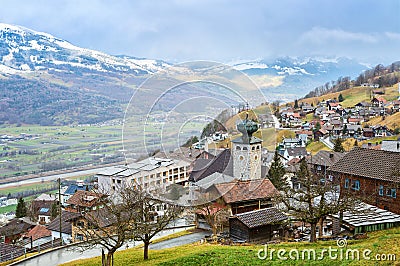 View of Triesenberg in the rain in late autumn, Liechtenstein. Triesenberg is a municipality in Liechtenstein Stock Photo