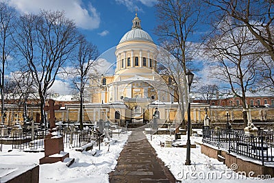 View of Trinity cathedral from the Nikolsky cemetery sunny April day. Aleksandro-Nevskaya Lavra, St. Petersburg. Russia Editorial Stock Photo