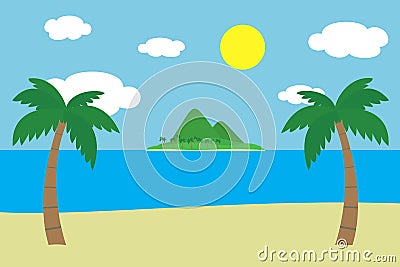 View of a tropical sandy beach with two green palm trees on the sea shore with an island with hills and mountains covered Vector Illustration