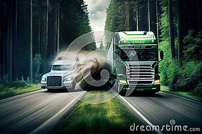 view of truck with high-speed overtaking another vehicle on forest road Stock Photo