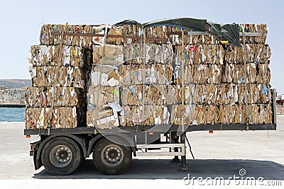 A view of a truck with recycled papers and cardboards in the customs of Kos, Greece Editorial Stock Photo