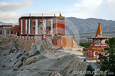 View of Tsarang Gompa - a monastery of the Sakya sect, built in 1395. Trekking to the Upper Mustang closed area. Nepal Stock Photo