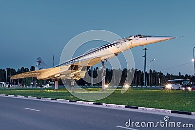 View of the Tu-144 aircraft in the evening, a monument in the city of Zhukovsky Editorial Stock Photo