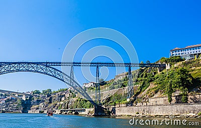 two bridges connecting Porto and Vila Nova de Gaia: railway bridges Maria Pia old and Ponte do Infante Dom Henrique Stock Photo