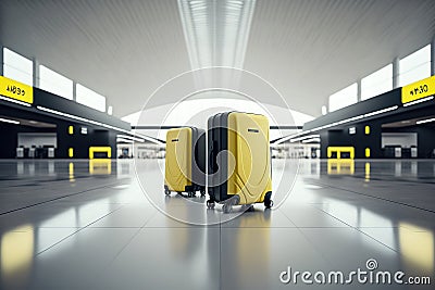 View of two yellow suitcases alone in the airport. Generative AI Stock Photo