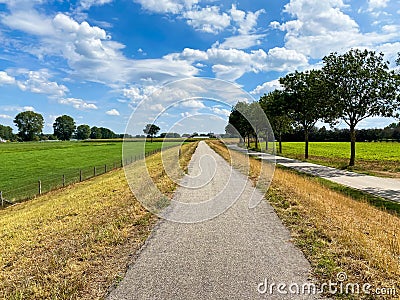 View on typical dutch rural flat landscape along river Maas with cycling track near Nijmegen, Netherlands Stock Photo