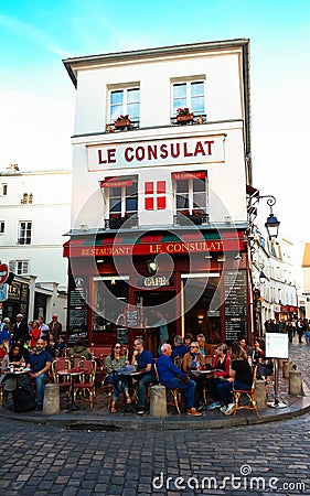 The View of typical paris cafe Consulat in Paris, Montmartre area , France. Editorial Stock Photo